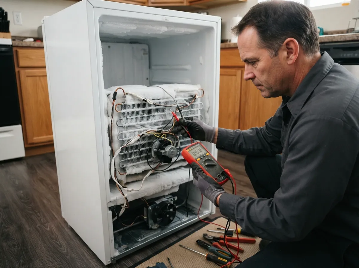 Мастер проверяет вентилятор испарителя и датчики No-Frost в холодильнике Haier, который не охлаждает