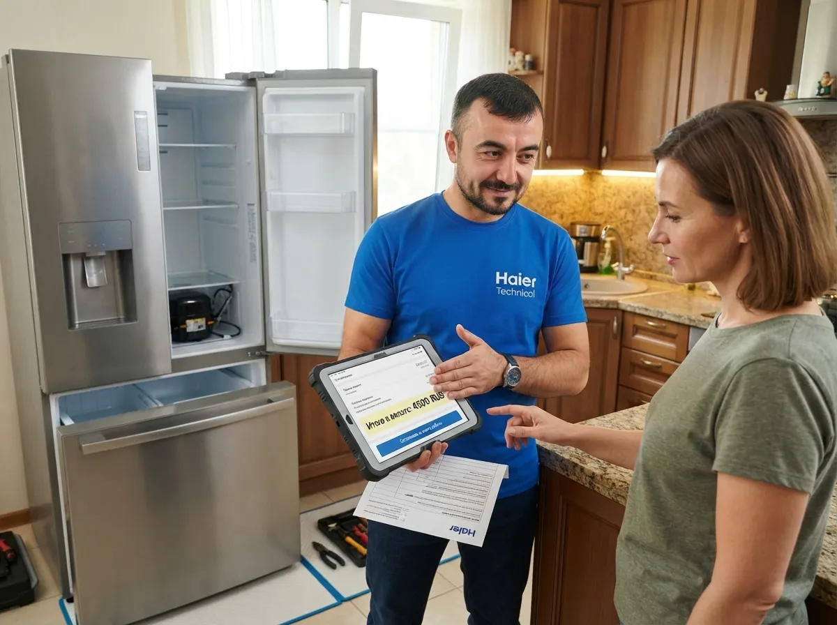 Мастер согласует с клиентом смету на ремонт холодильника Haier до начала работ