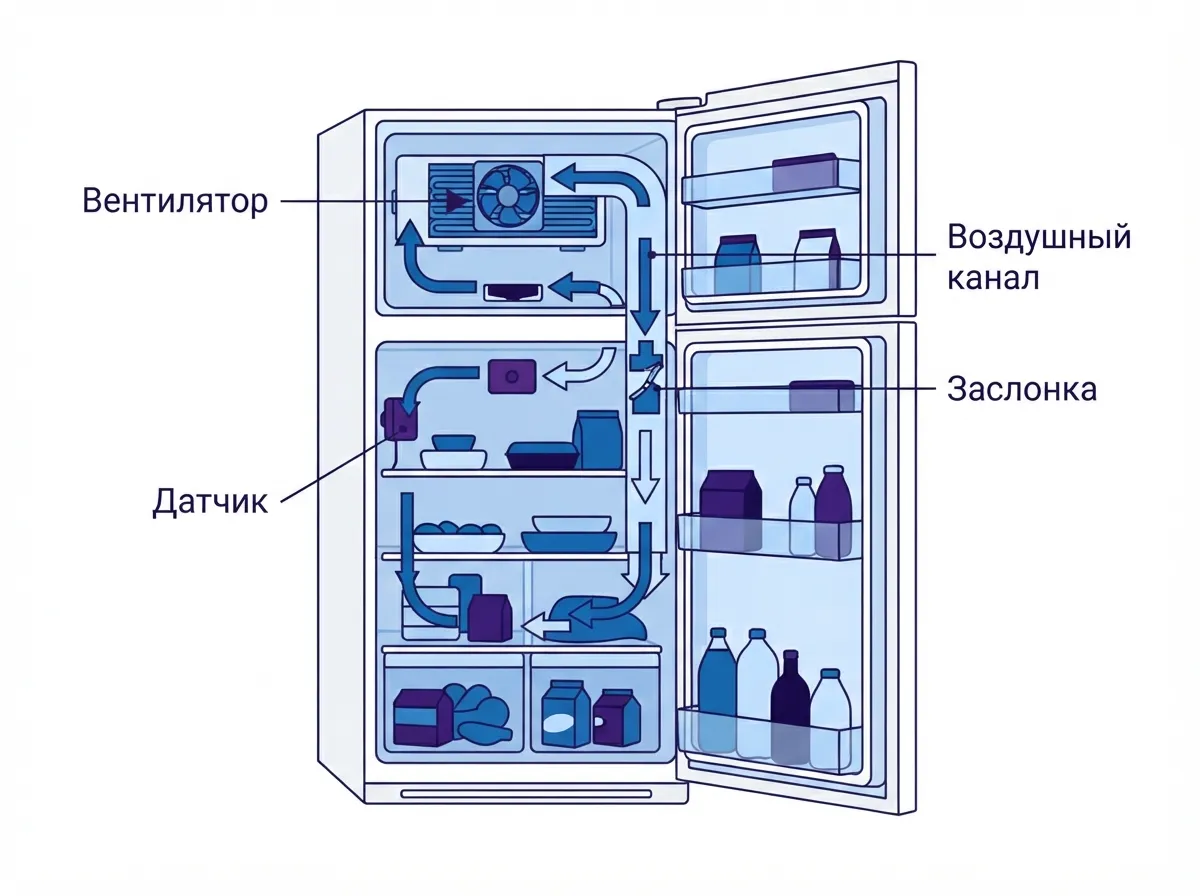 Схема циркуляции холодного воздуха между морозильной и холодильной камерами холодильника Haier No-Frost