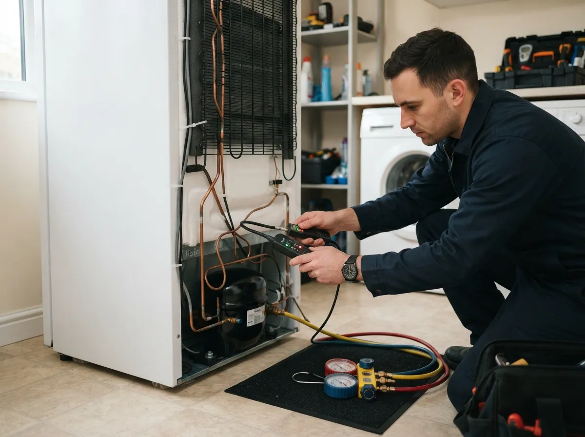 Мастер ищет место утечки хладагента в холодильном контуре холодильника Haier